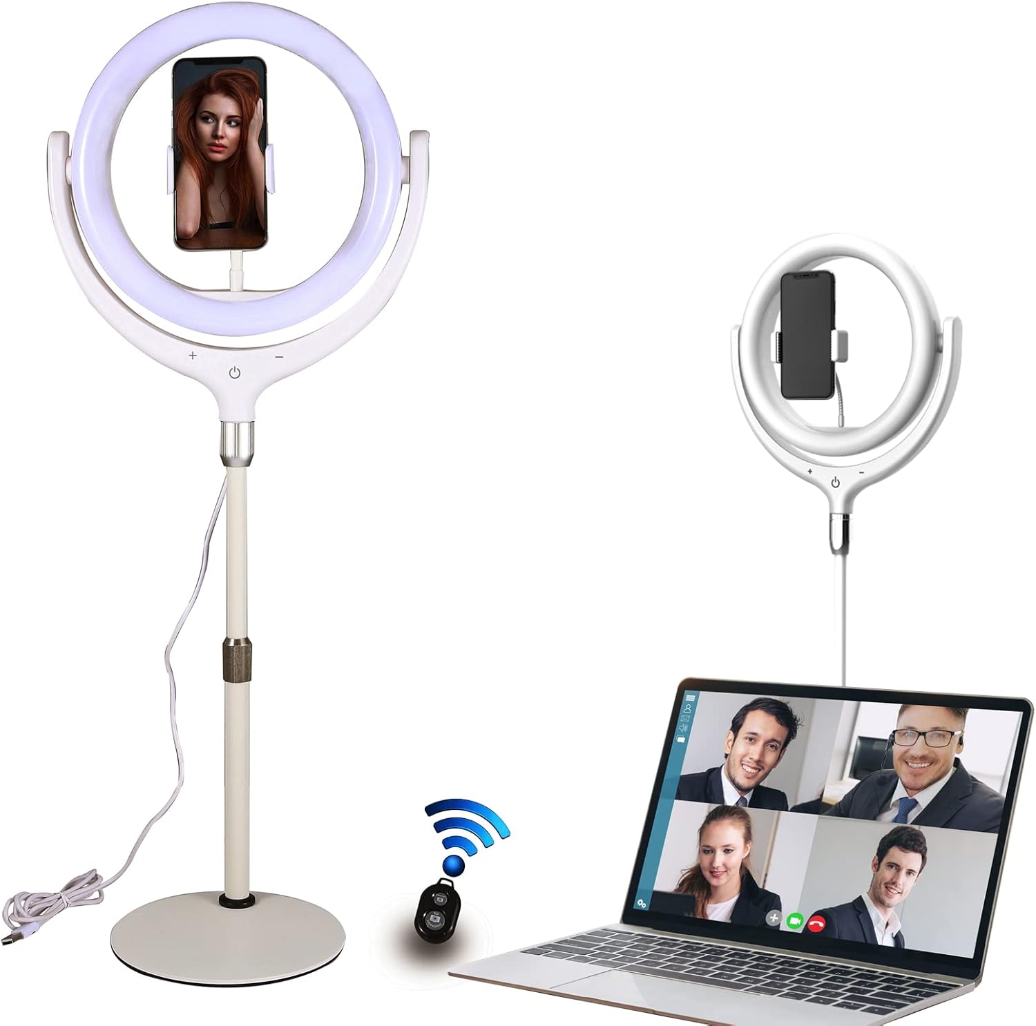White Adjustable LED Ring Light with Phone Holder Q683122