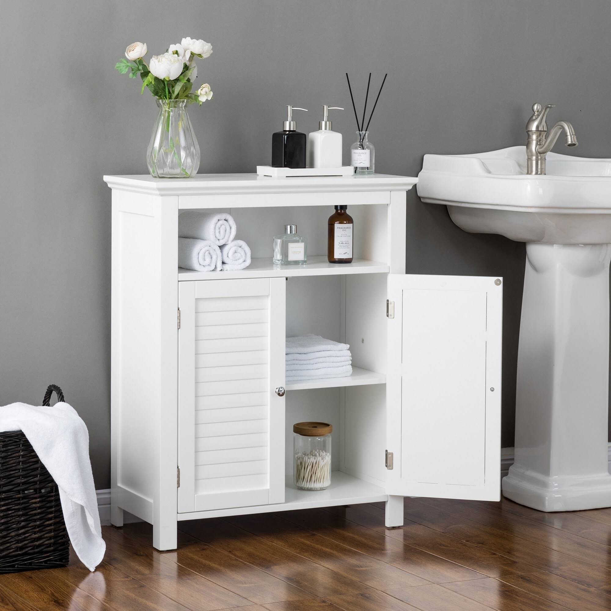 White Shelved Floor Cabinet with 2 Shutter-Door S1122