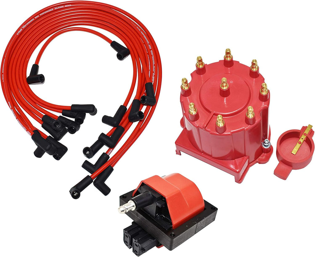 8-Cylinder EFI Distributor Cap Rotor Remote Ignition Coil Tune Up Kit 8.0mm Spark Plug Wires Kit Red H963740
