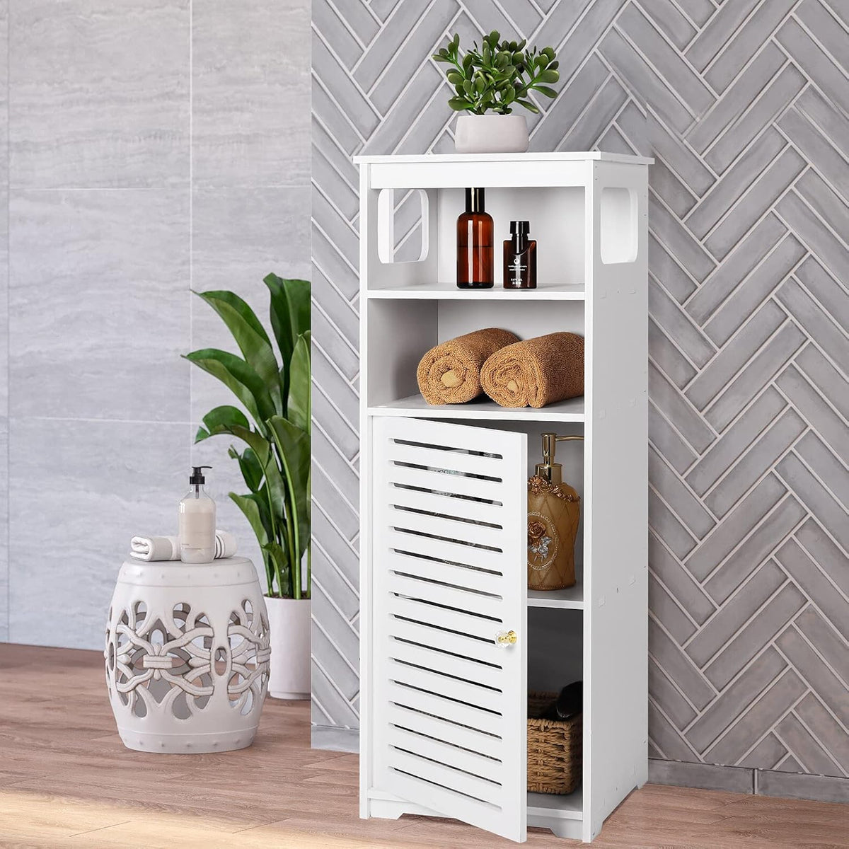 White 5 Tiers Floor Standing Storage Cabinet with Door and Shelf H8919