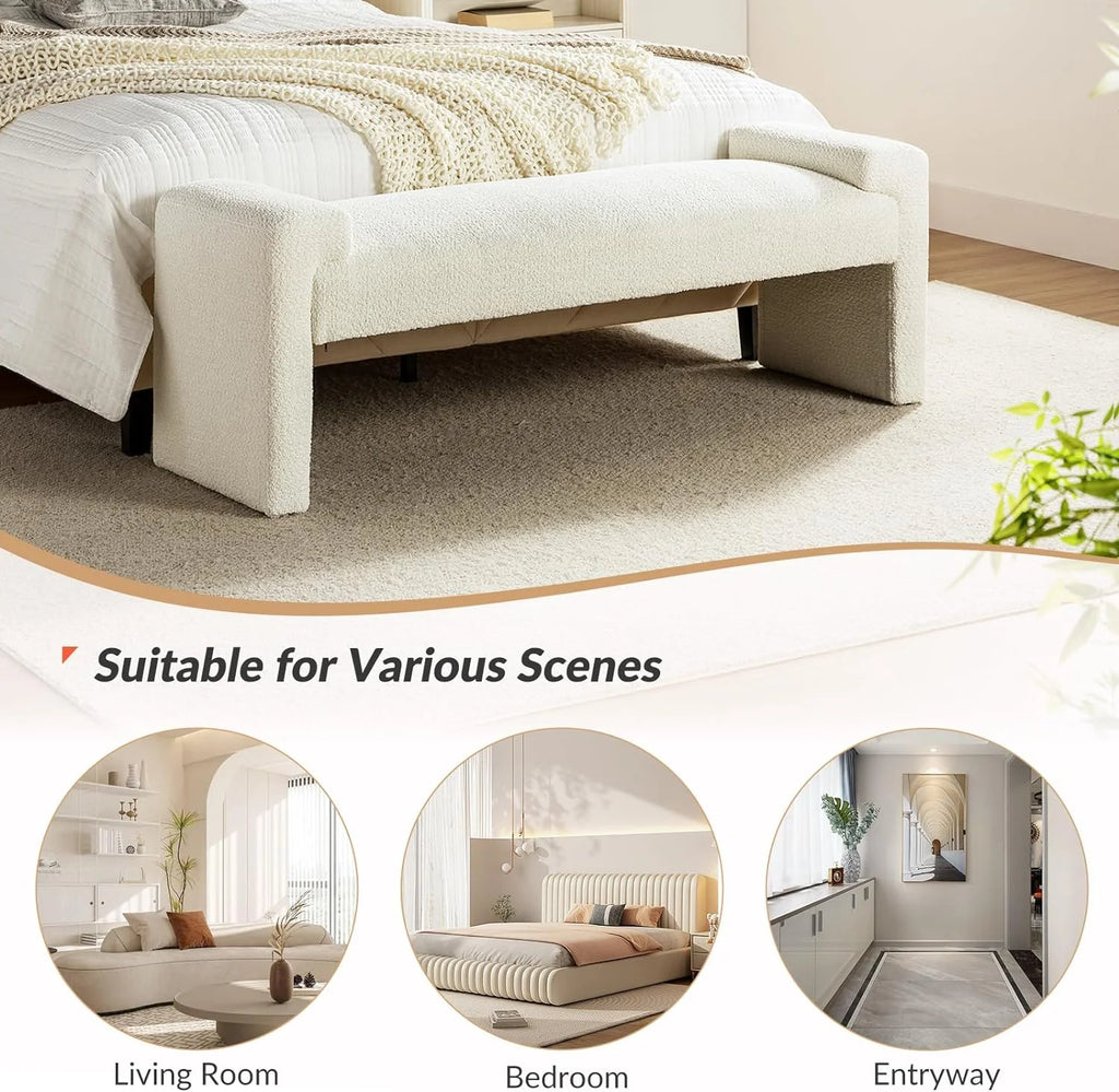 Ivory Fabric Upholstered Bench with Solid Wood Frame N479984