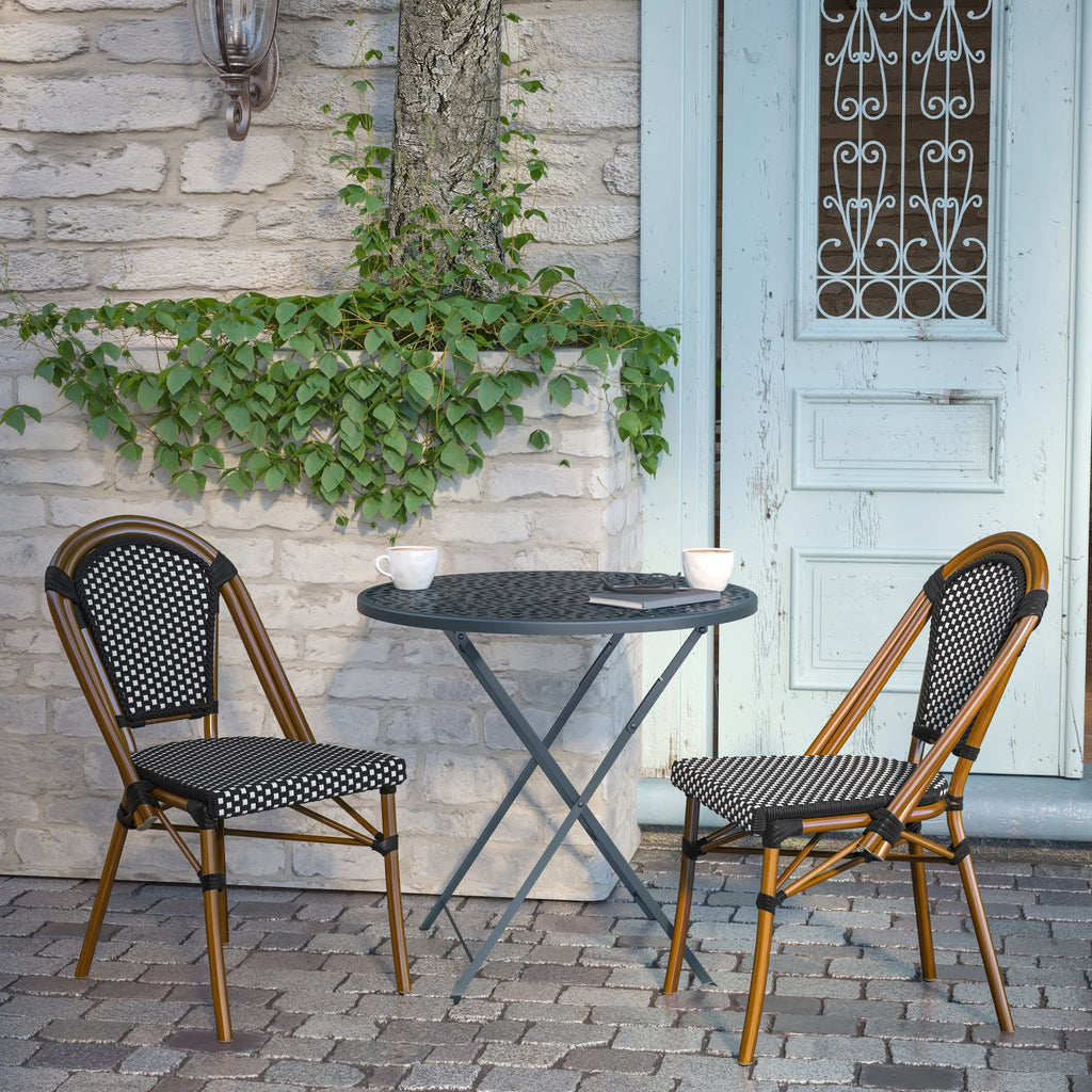 Set of 2 Black/White PE Rattan Bistro Stacking Chairs R6707