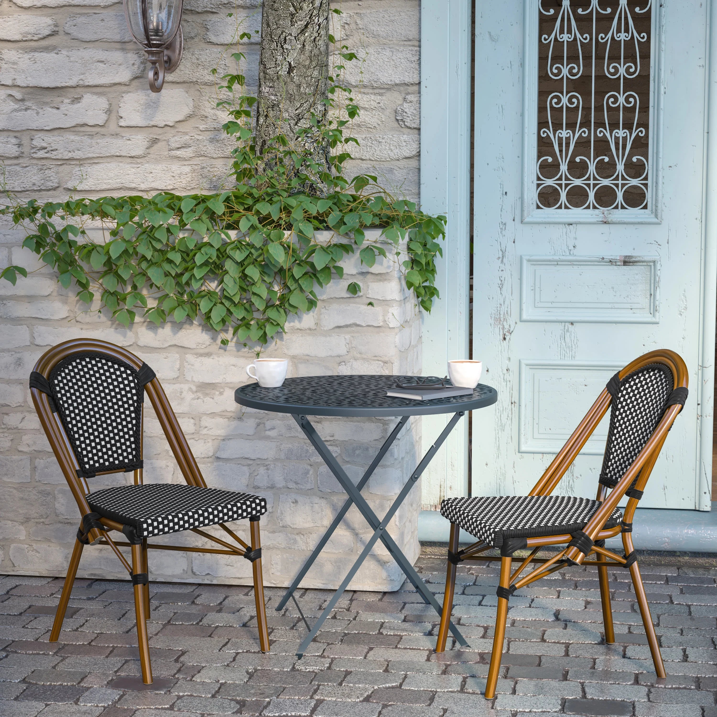 Set of 2 Black/White PE Rattan Bistro Stacking Chairs R6707
