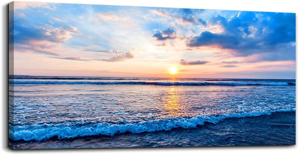 Golden Yellow Sun Blue Ocean Sea Waves Landscape Canvas Wall Art K14077