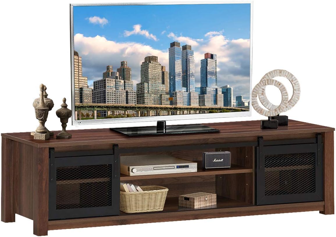 Farmhouse TV Stand with Adjustable Shelves and Sliding Metal Mesh Doors (Walnut) G87110
