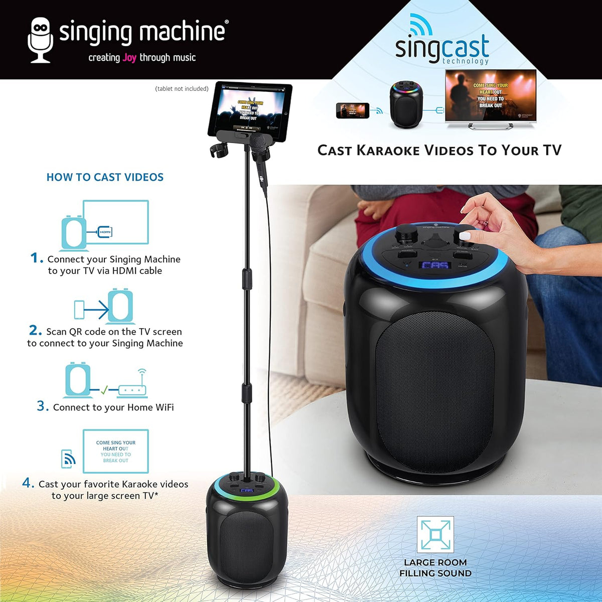 Black Karaoke Machine with Stand and LED Lights H267