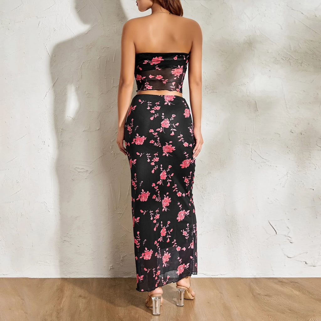 2Pcs Women Flower Print Strapless Mesh Tube Top with Low Waist Long Skirts P5240