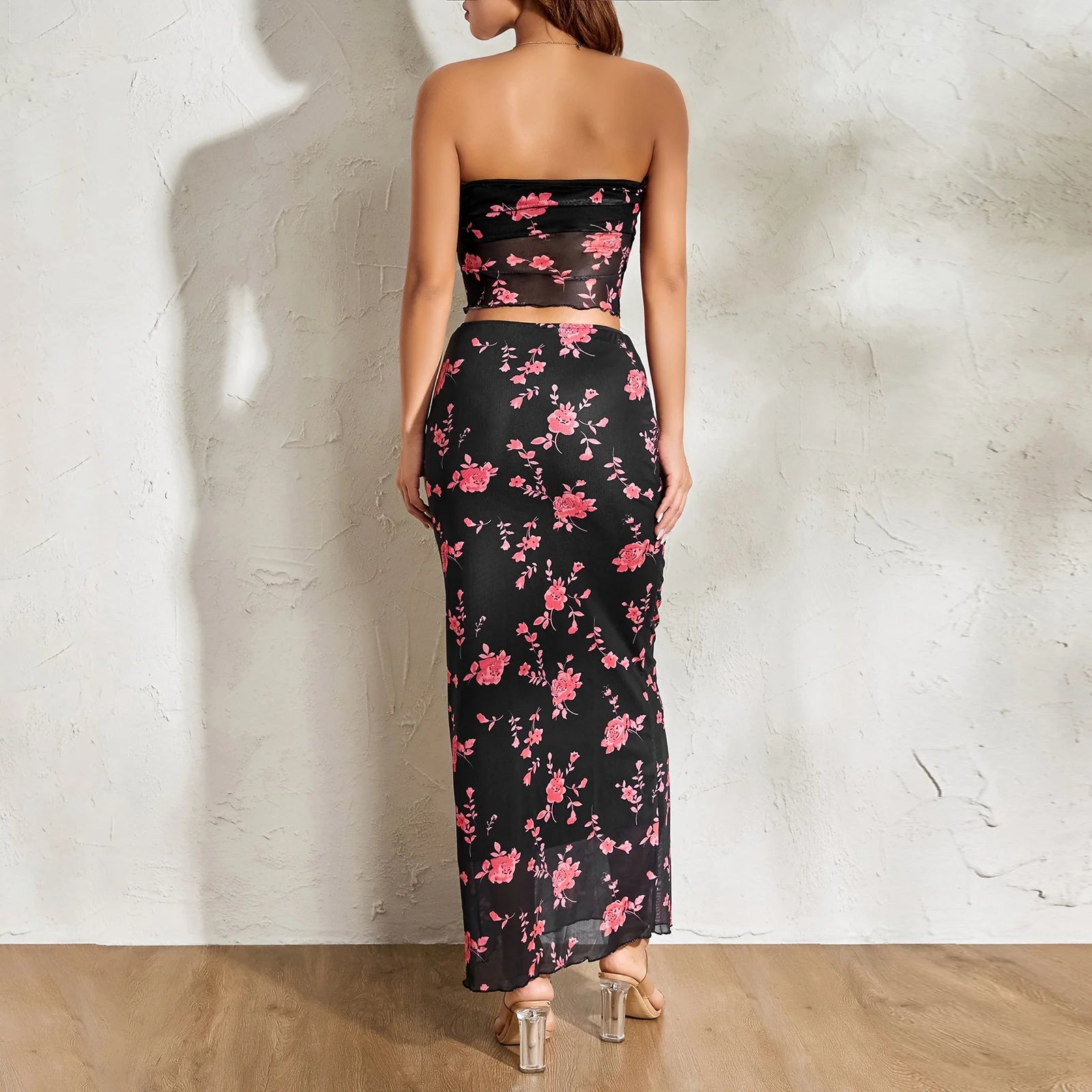2Pcs Women Flower Print Strapless Mesh Tube Top with Low Waist Long Skirts P5240