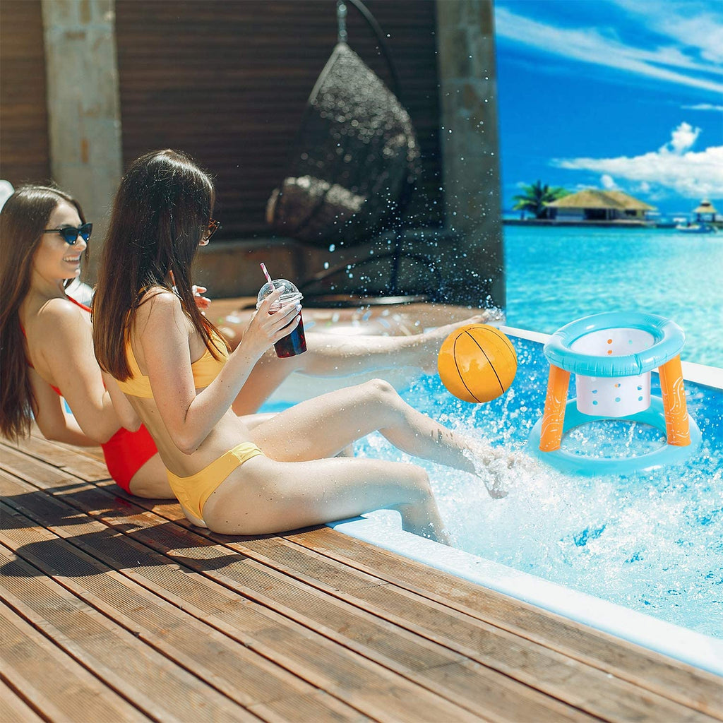 Light Blue Inflatable Pool Volleyball Set with 2 Balls and Basketball Hoops I672
