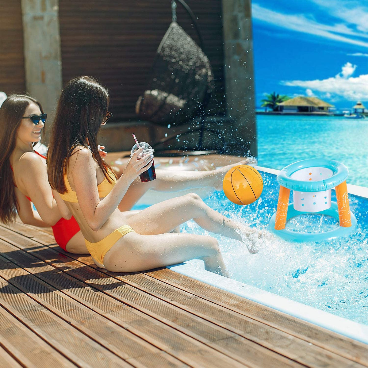 Light Blue Inflatable Pool Volleyball Set with 2 Balls and Basketball Hoops I672