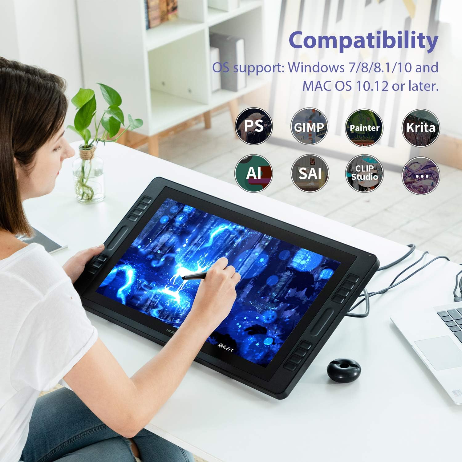 Graphics Drawing Monitor with Full Laminated Screen 19.5inch Pen Display with Battery-Free Stylus Tilt 16 Express Keys 2 Touch Bars Stand Included E101100