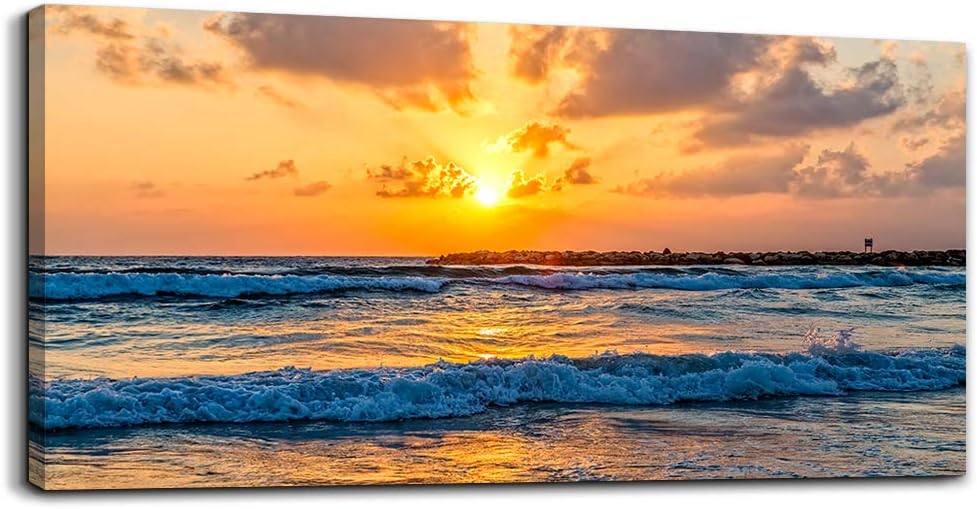 Golden Yellow Sun Blue Ocean Sea Waves Landscape Canvas Wall Art K14077
