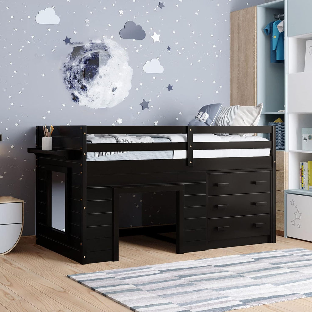 Espresso Solid Wood Twin Loft Bed with Storage Drawers and Cabinet F77587