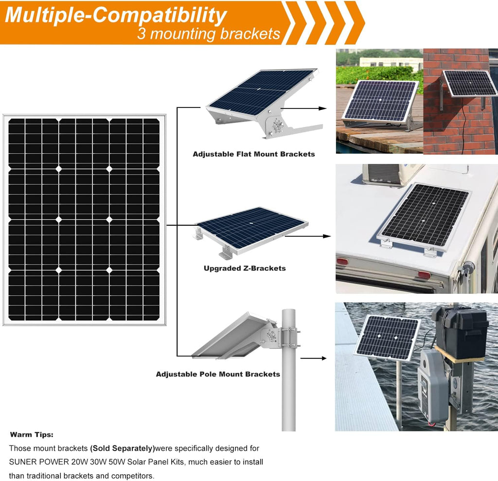 50W Mono Crystalline 12V Solar Panel Kit with 10A Charge Controller and SAE Cable Adapters U86282