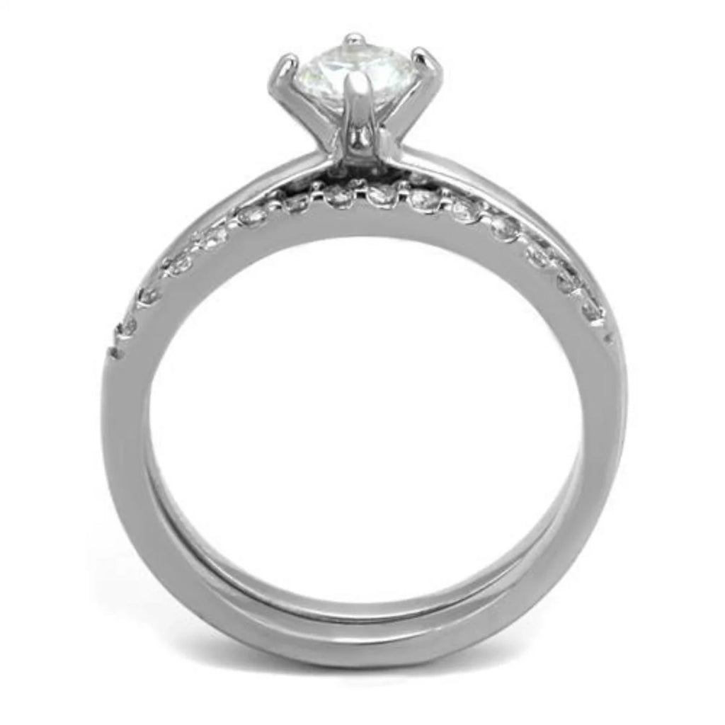 2-Piece Stainless Steel Wedding Ring Set with Round Cubic Zirconia H34608