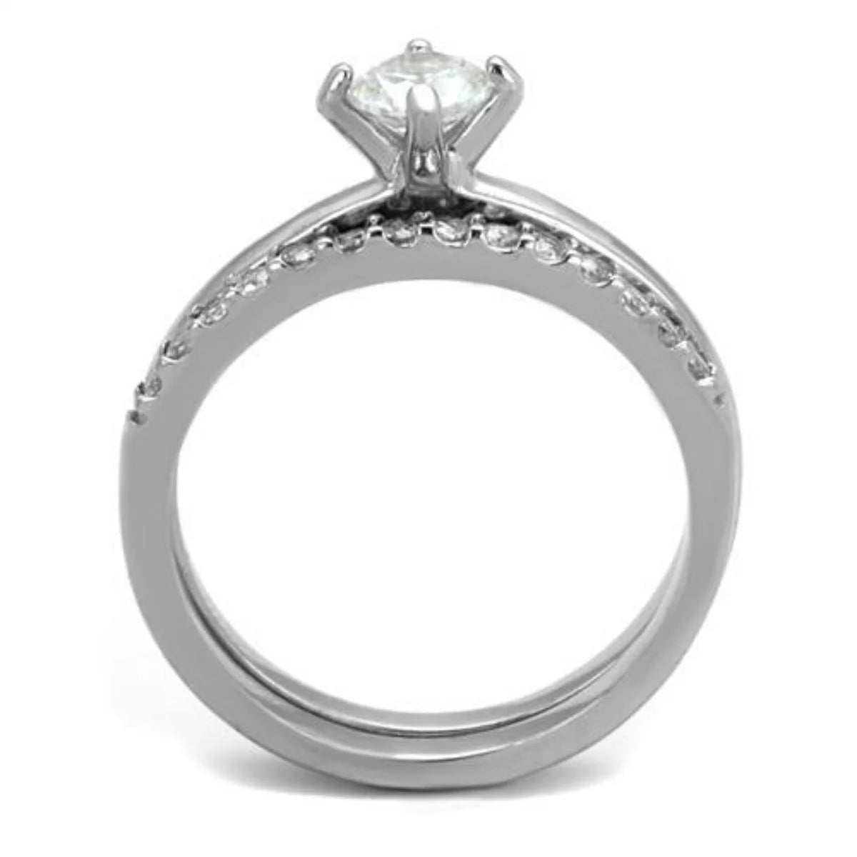 2-Piece Stainless Steel Wedding Ring Set with Round Cubic Zirconia H34608