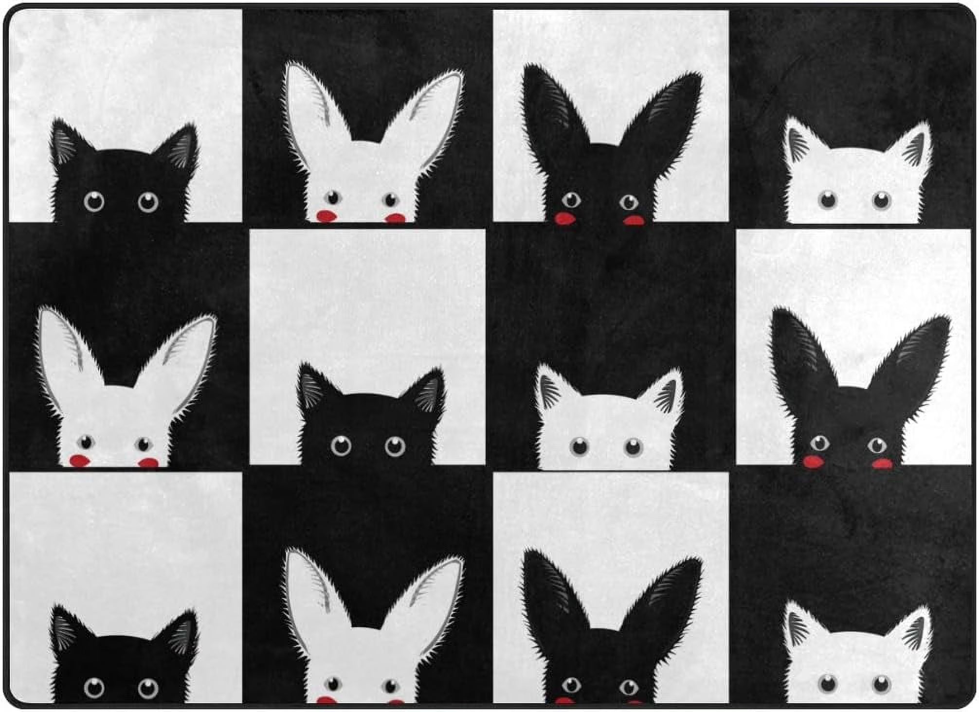 Black White Cat Rabbit Chess Board Lightweight Carpet Mats, 6'8" x 4'10" Area Rug Z472
