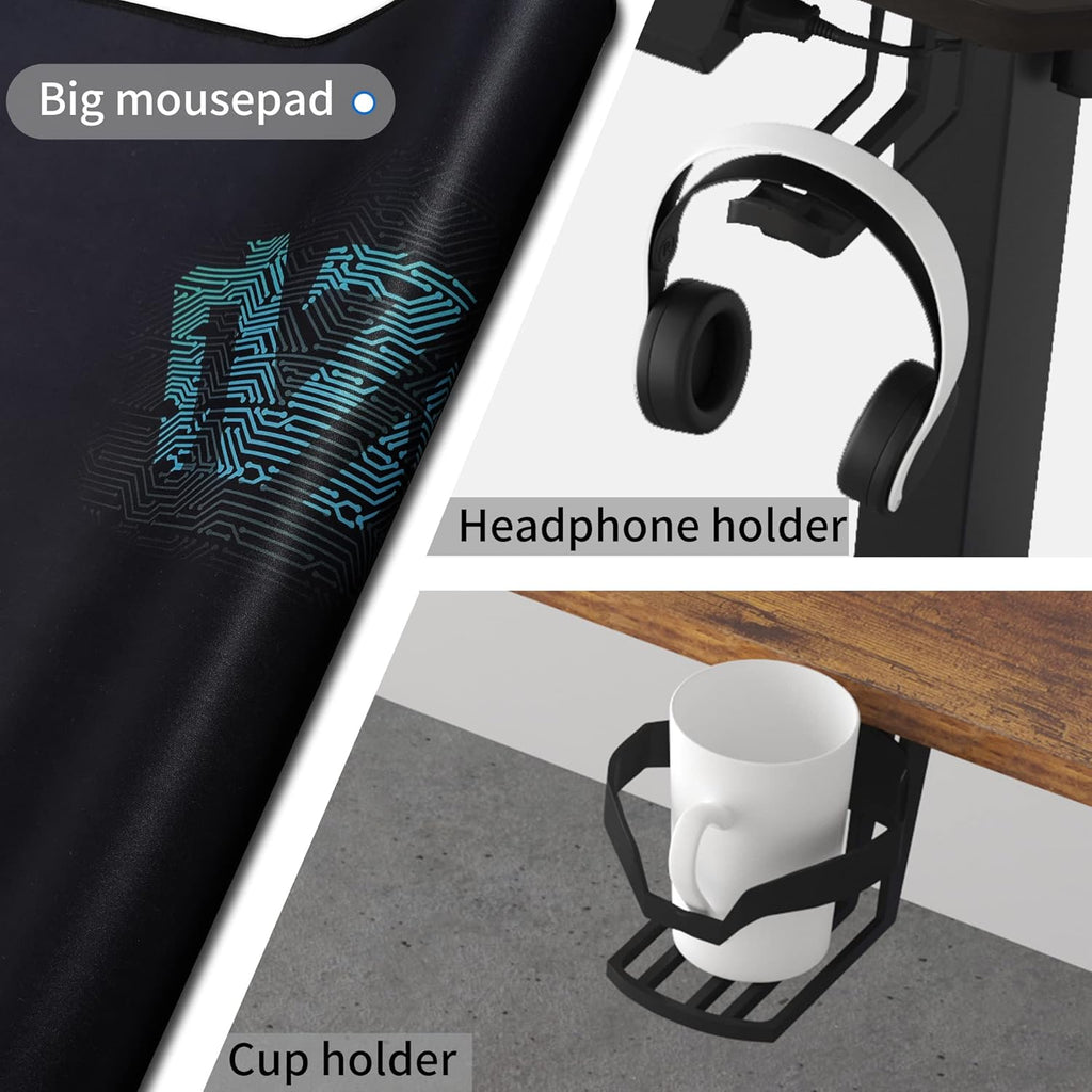 55 inch Adjustable Height Electric Standing Desk with Cup Holder, Headphone Hook, Cable Manager, Mouse pad, Walnut Wood J158856