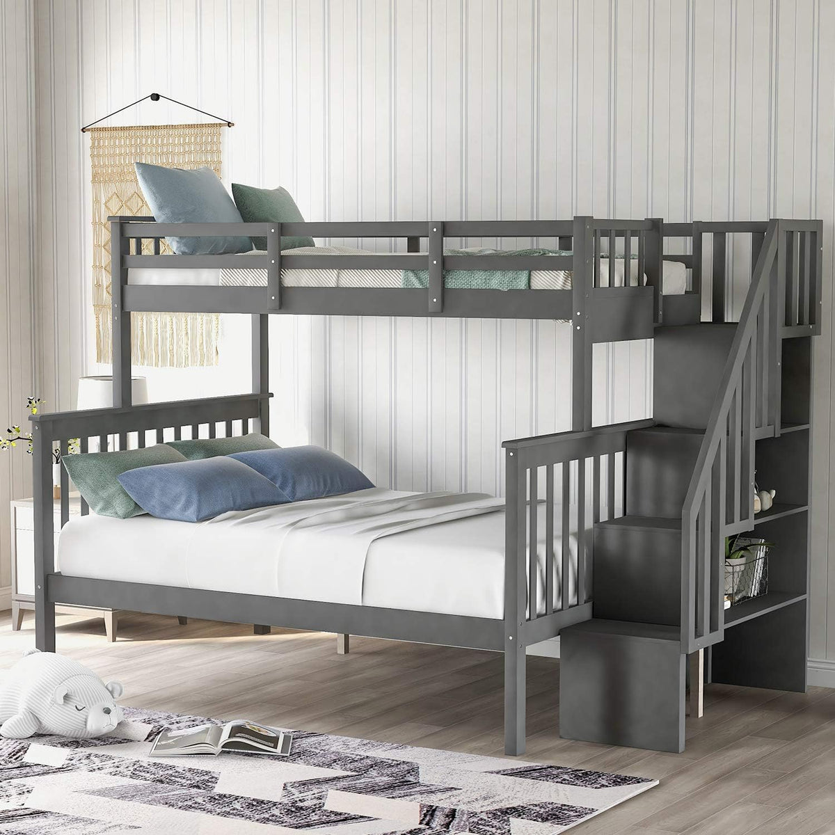 Grey Solid Wood Twin Over Twin/Full Bunk Bed with Trundle and Drawers G2832