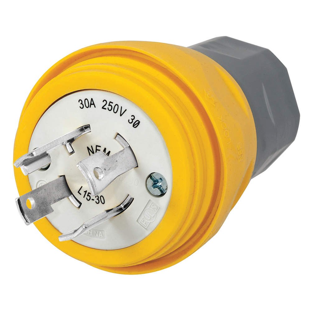 Yellow NEMA L15-30P Lock Plug, 30A, 3 Phase 250V AC, 3 Pole, 4 Wire E7385