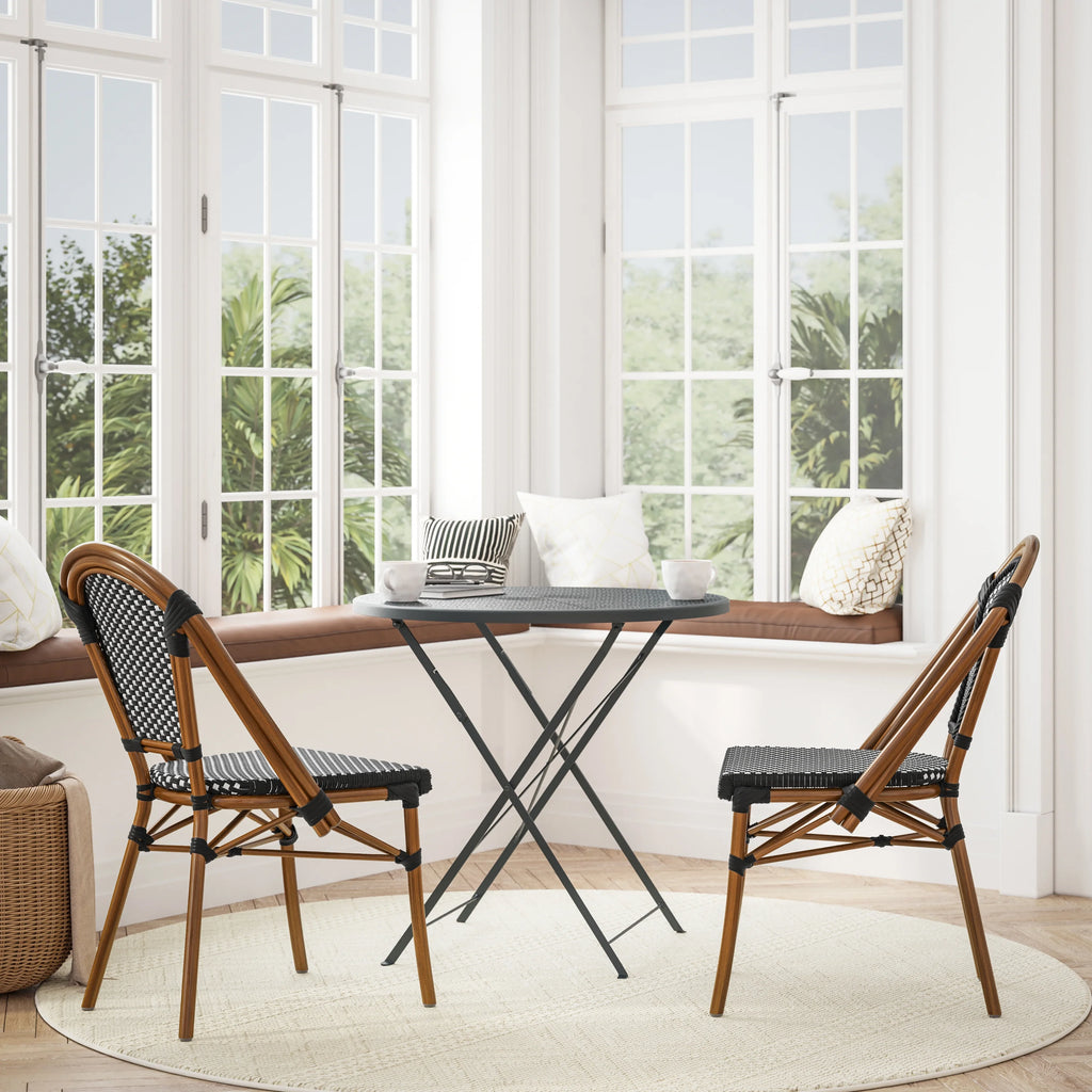 Set of 2 Black/White PE Rattan Bistro Stacking Chairs R6707