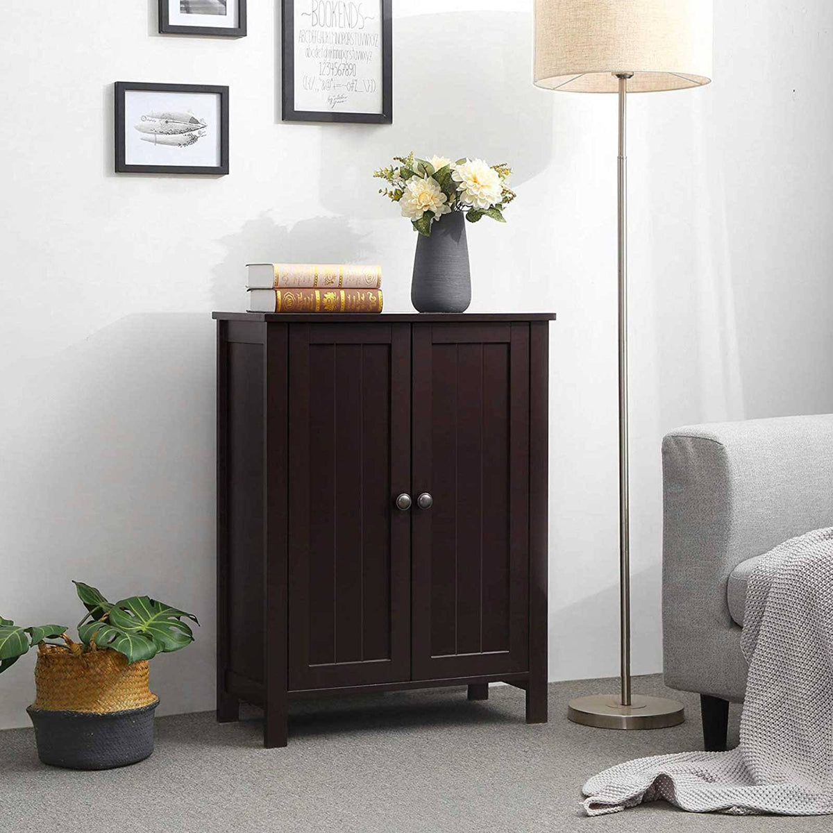 Brown Double Door Bathroom Floor Storage Cabinet with Adjustable Shelf L24274