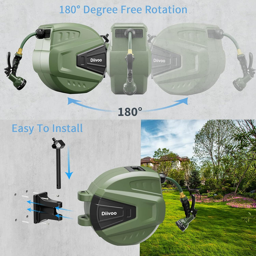 Retractable Garden Hose Reel 65 ft, Wall Mount, Automatic Rewind, 180° Swivel Bracket, 9 Pattern Hose Nozzle P696