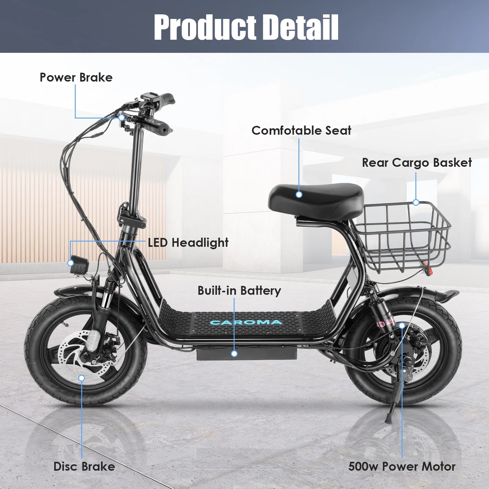 48V 500W Adults Electric Scooter with Removable Seat, 14" Off-road Pneumatic Tires, 20 MPH Max, 30 Miles Range, 350lbs Weight Limit, Black R7101