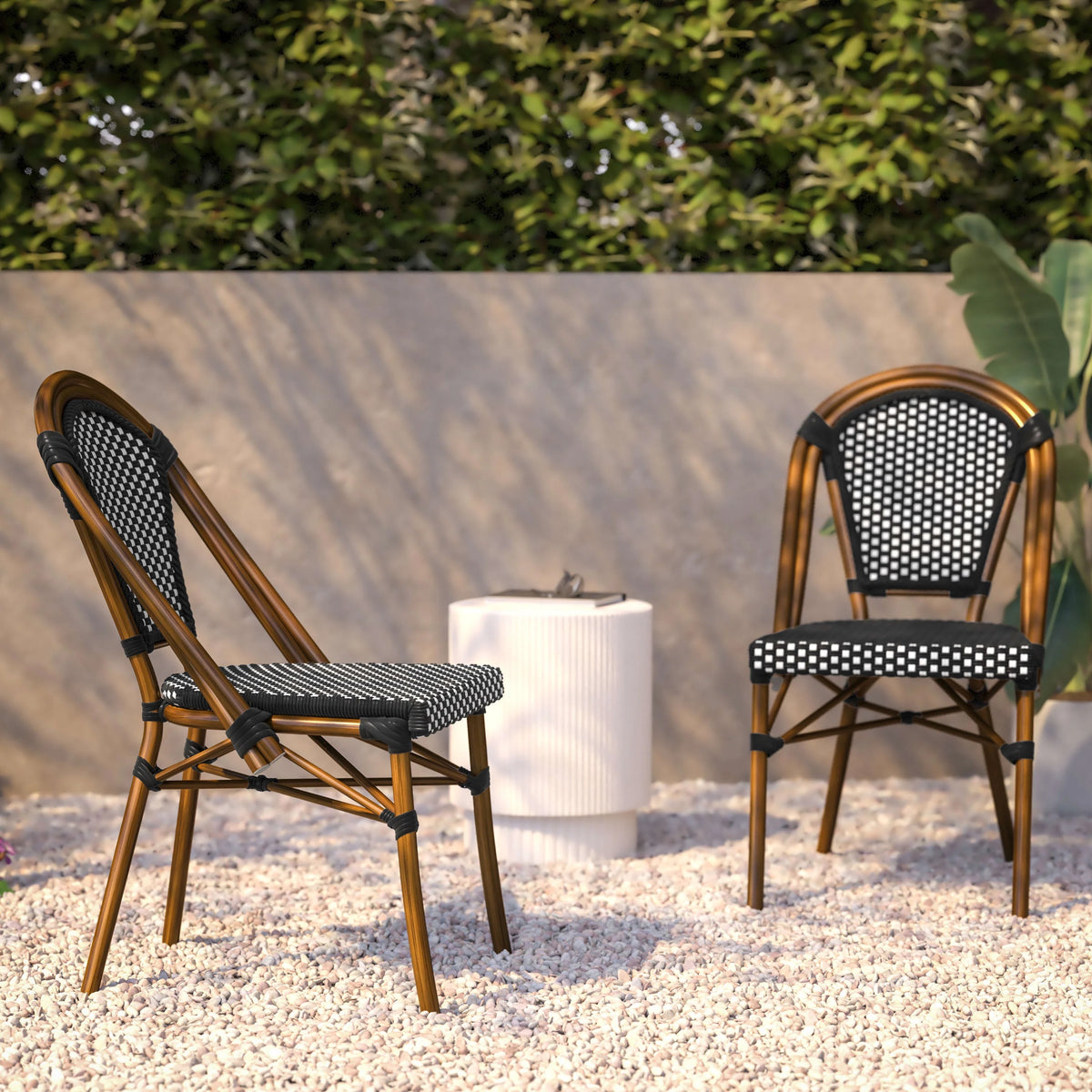 Set of 2 Black/White PE Rattan Bistro Stacking Chairs R6707