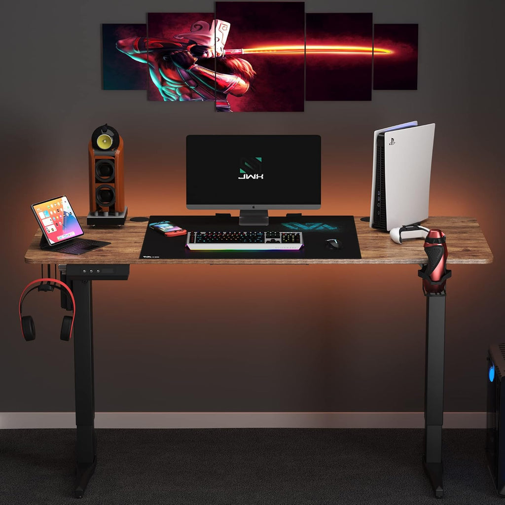 55 inch Adjustable Height Electric Standing Desk with Cup Holder, Headphone Hook, Cable Manager, Mouse pad, Walnut Wood J158856