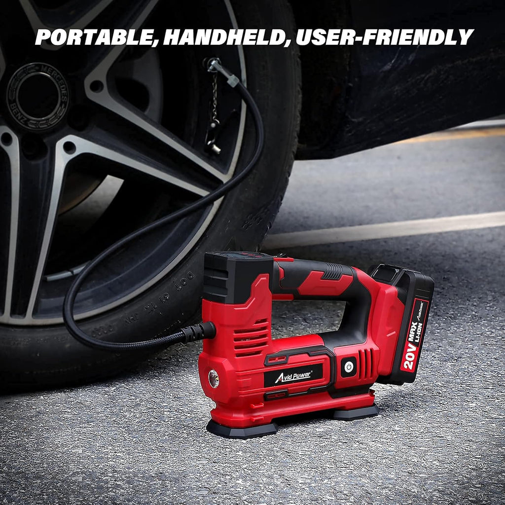Tire Inflator Portable Air Compressor, 20V Cordless Car Tire Pump with Rechargeable Li-ion Battery, 12V Car Power Adapter, Digital Pressure Gauge Pack of 2 D717