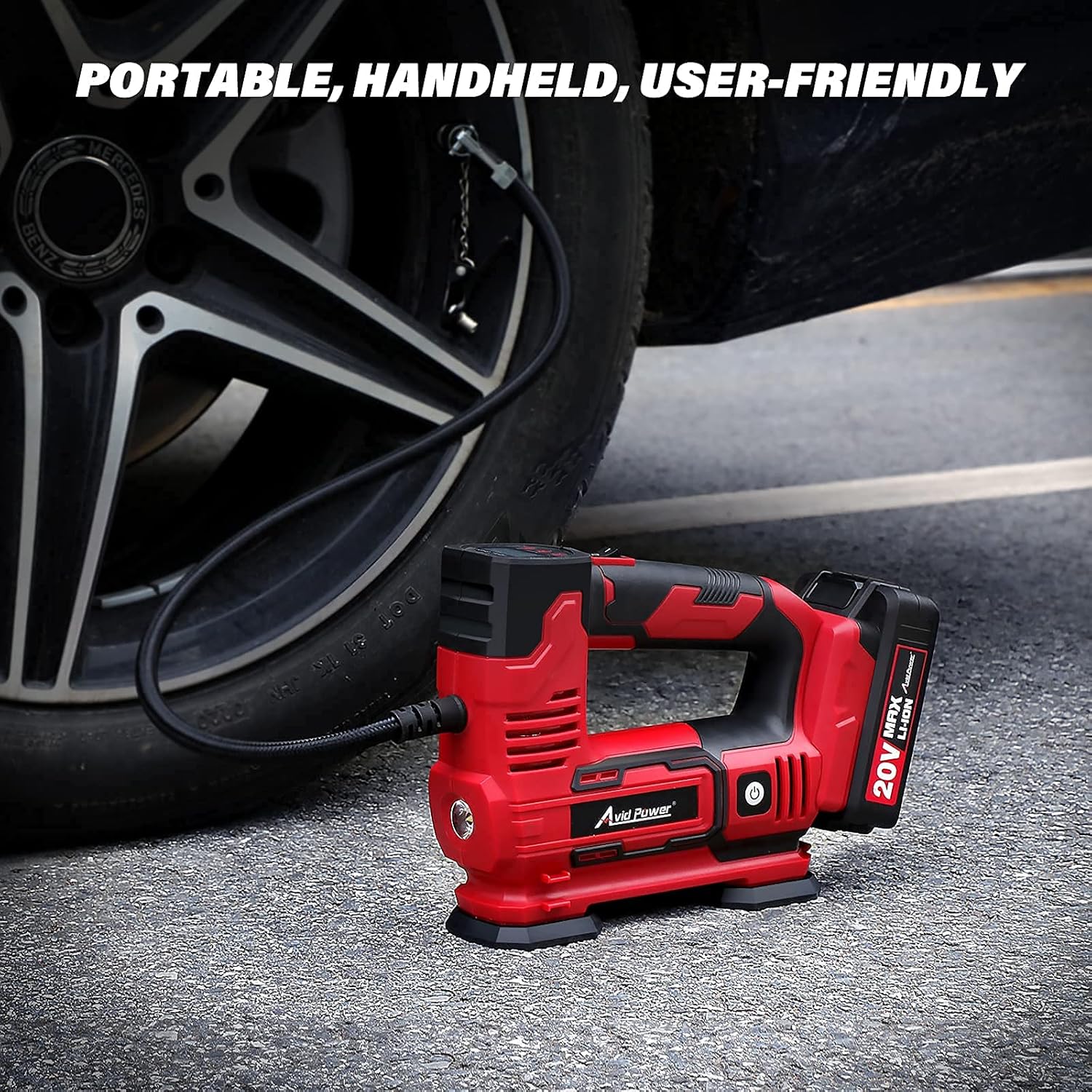 Tire Inflator Portable Air Compressor, 20V Cordless Car Tire Pump with Rechargeable Li-ion Battery, 12V Car Power Adapter, Digital Pressure Gauge Pack of 2 D717