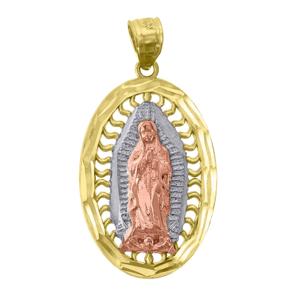 14k Gold Tri color Guadalupe Mary Oval Pendant Necklace G8545