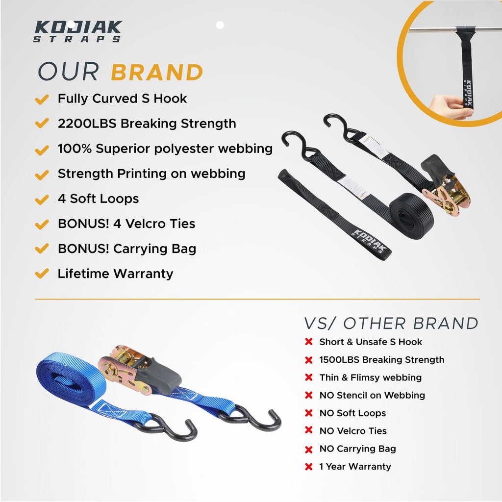 Ratchet Straps Heavy Duty Tie Down Strap Set 2200 Break Strength 1" x 17' 4pk with Soft Loops Coated Deep S-Hook & Carry Bag Black V9952