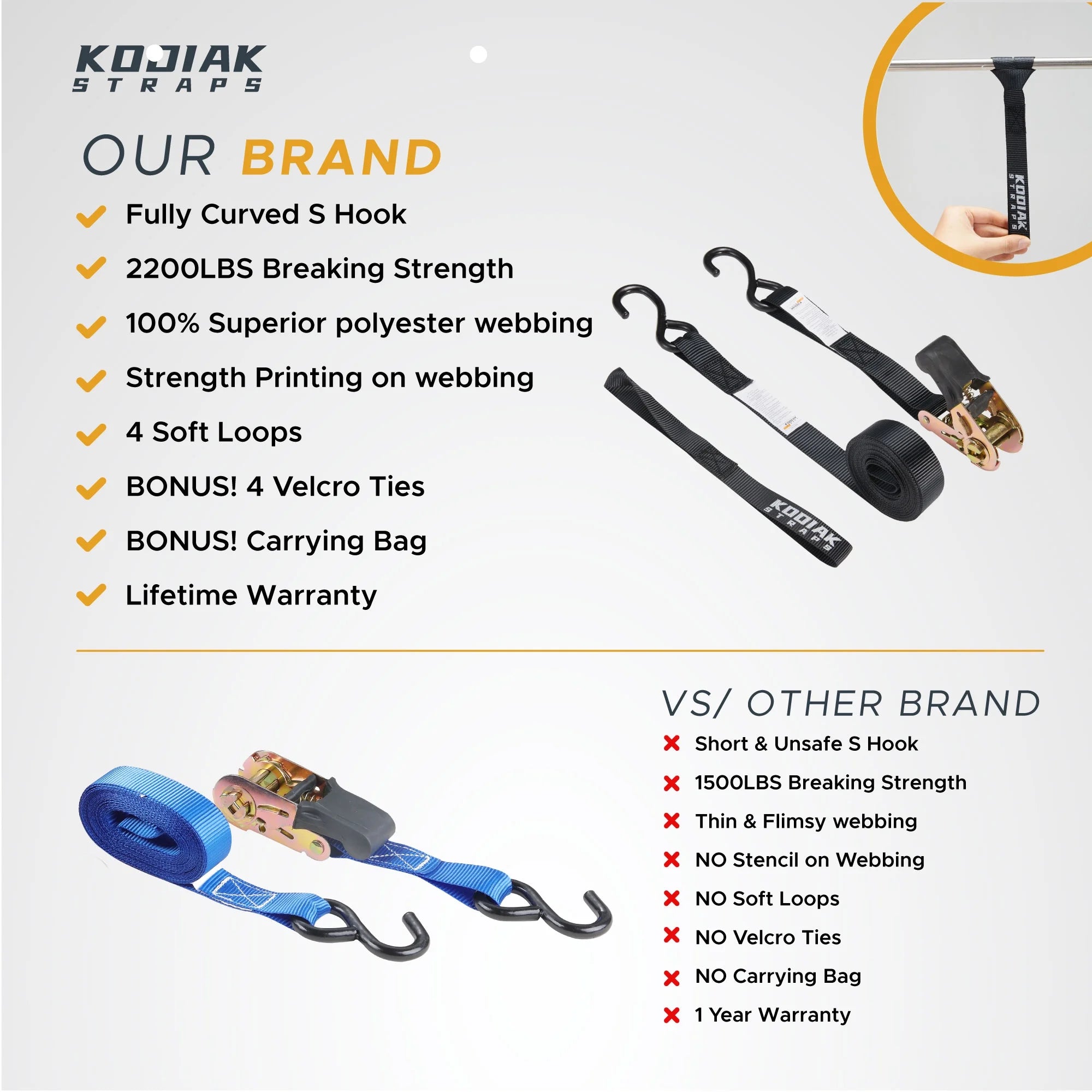 Ratchet Straps Heavy Duty Tie Down Strap Set 2200 Break Strength 1" x 17' 4pk with Soft Loops Coated Deep S-Hook & Carry Bag Black V9952