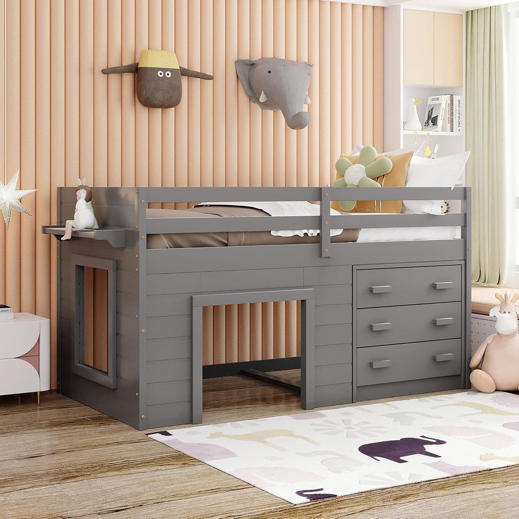 Espresso Solid Wood Twin Loft Bed with Storage Drawers and Cabinet F77587