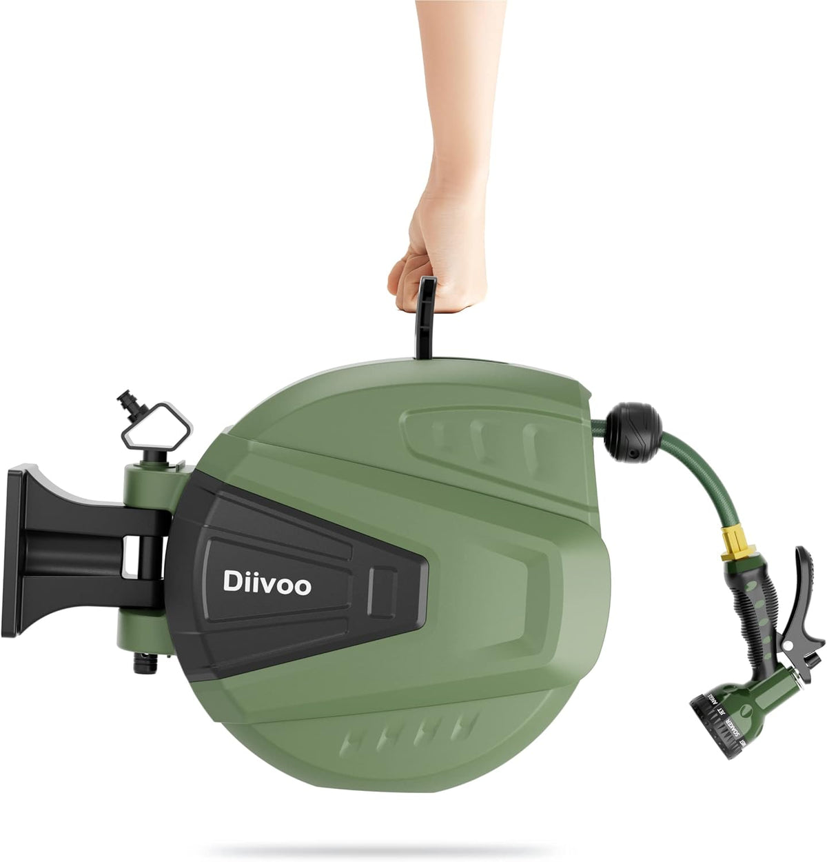 Retractable Garden Hose Reel 65 ft, Wall Mount, Automatic Rewind, 180° Swivel Bracket, 9 Pattern Hose Nozzle P696