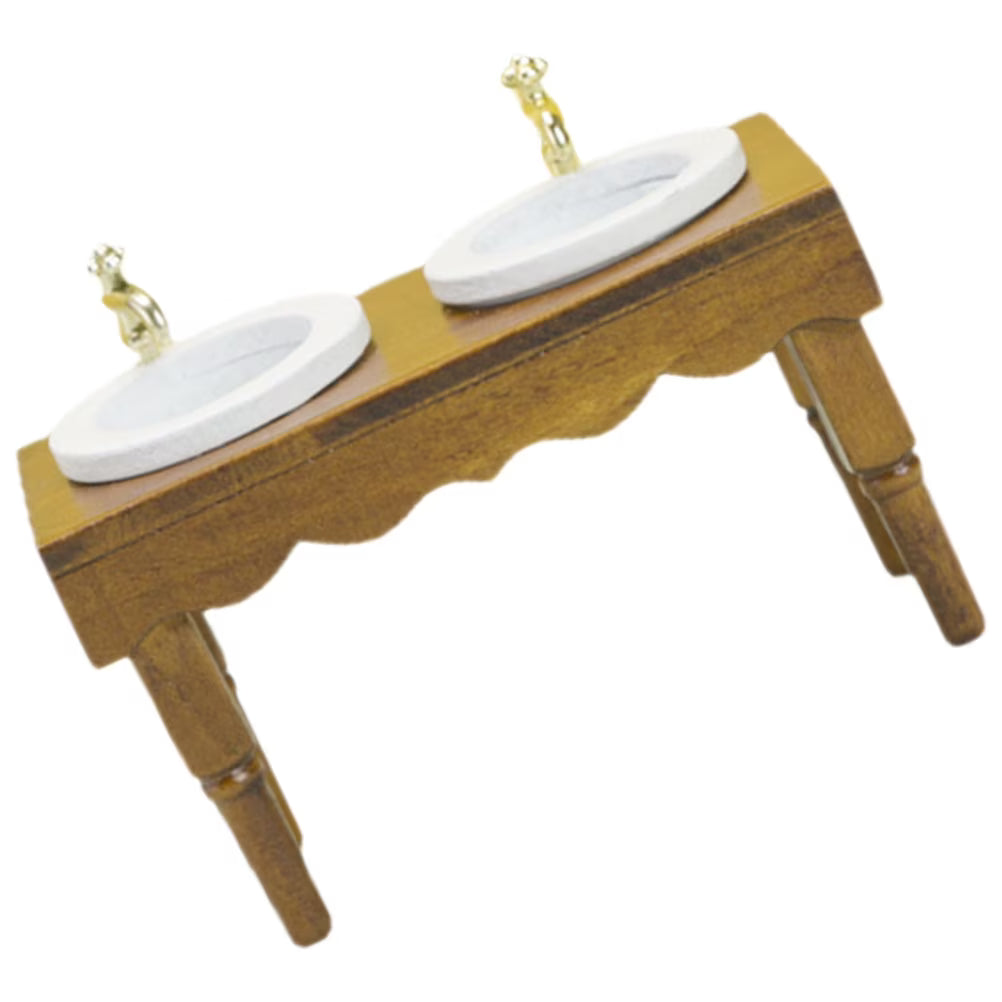 Walnut Wooden Double Basin Wash Sink Dollhouse Furniture Q803