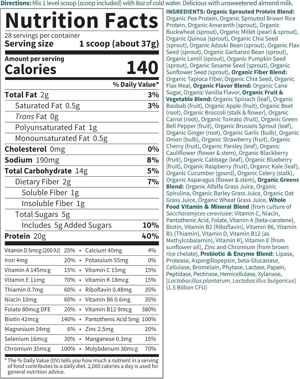 Organic Raw Plant Based Protein Powder, Lightly Sweet, Vegan, Gluten-Free, 36.6oz Pack of 2 H32436