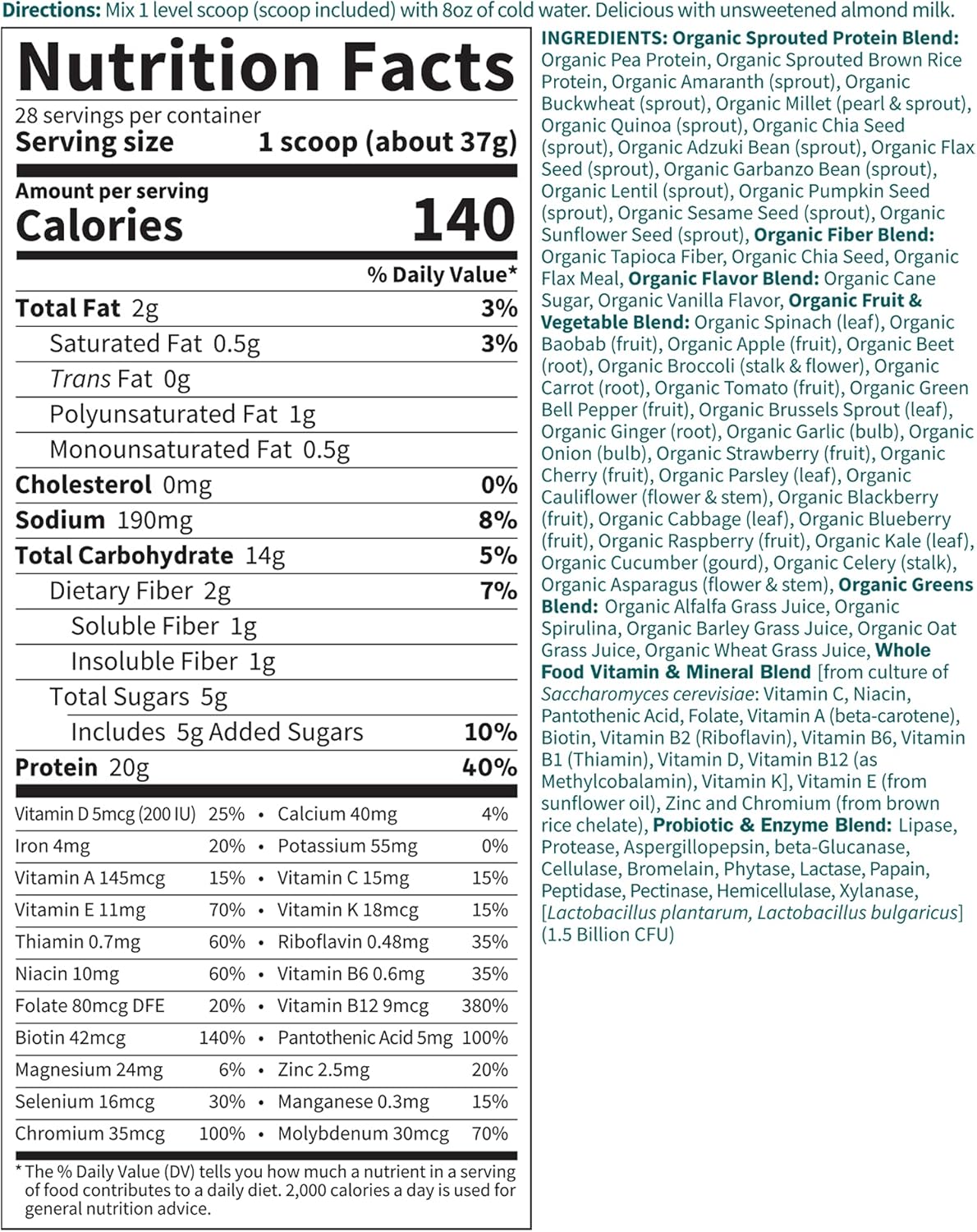 Organic Raw Plant Based Protein Powder, Lightly Sweet, Vegan, Gluten-Free, 36.6oz Pack of 2 H32436