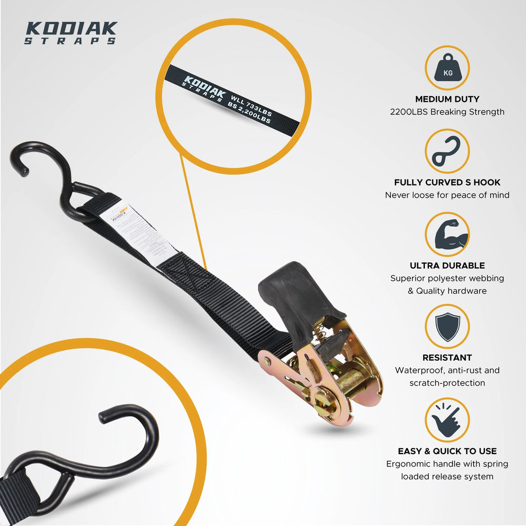 Ratchet Straps Heavy Duty Tie Down Strap Set 2200 Break Strength 1" x 17' 4pk with Soft Loops Coated Deep S-Hook & Carry Bag Black V9952