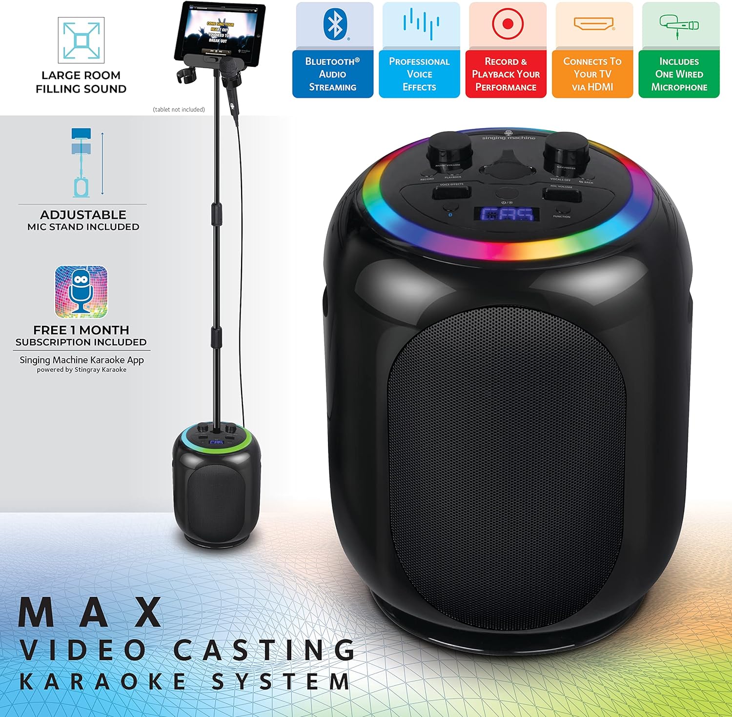 Black Karaoke Machine with Stand and LED Lights H267