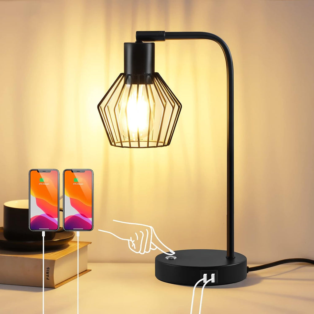 3-Way Dimmable Touch Control Table Lamp with Dual USB Ports, Black Metal Wire Cage, LED Bulb Included K632