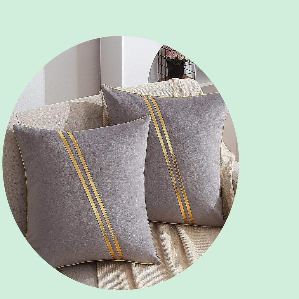 Set of 2 Gold Velvet Throw Pillow Covers with Leather, 20 x 20 in W450400