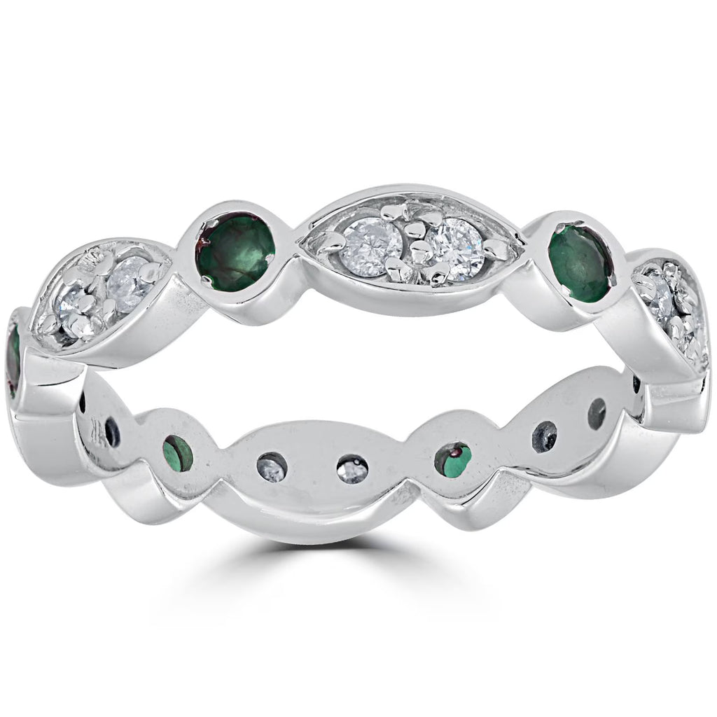 1ct Diamond & Imitation Green Emerald Eternity Ring 14K White Gold Y90392