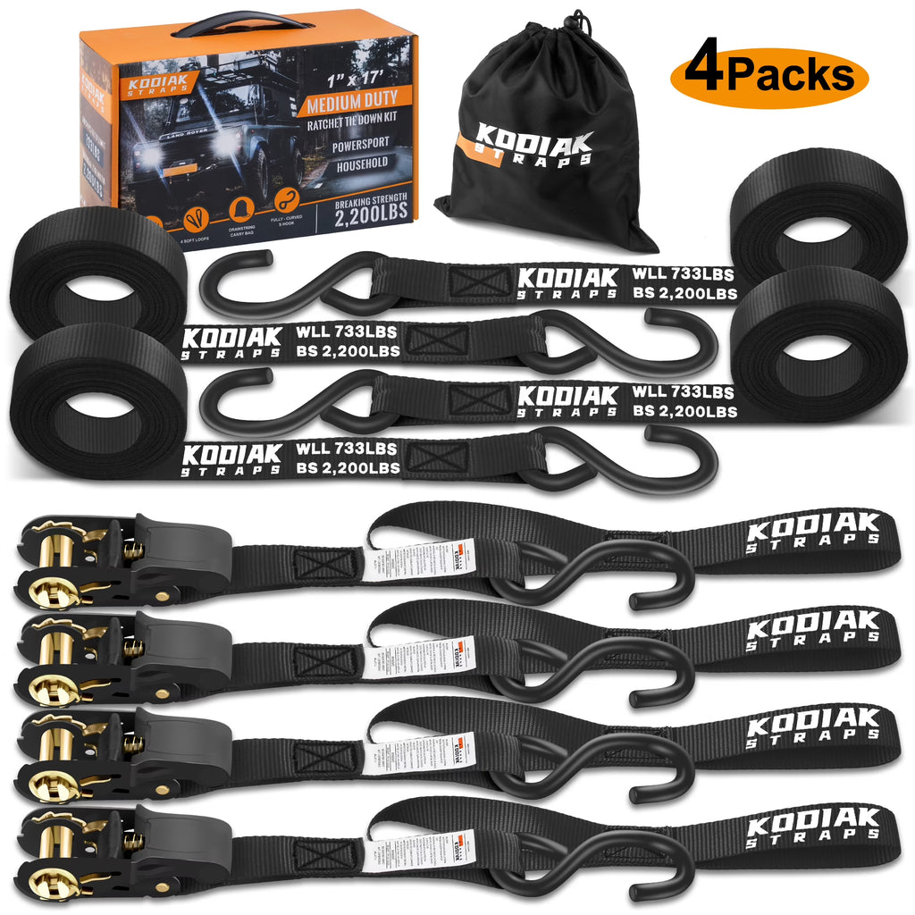 Ratchet Straps Heavy Duty Tie Down Strap Set 2200 Break Strength 1" x 17' 4pk with Soft Loops Coated Deep S-Hook & Carry Bag Black V9952