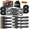 Ratchet Straps Heavy Duty Tie Down Strap Set 2200 Break Strength 1" x 17' 4pk with Soft Loops Coated Deep S-Hook & Carry Bag Black V9952