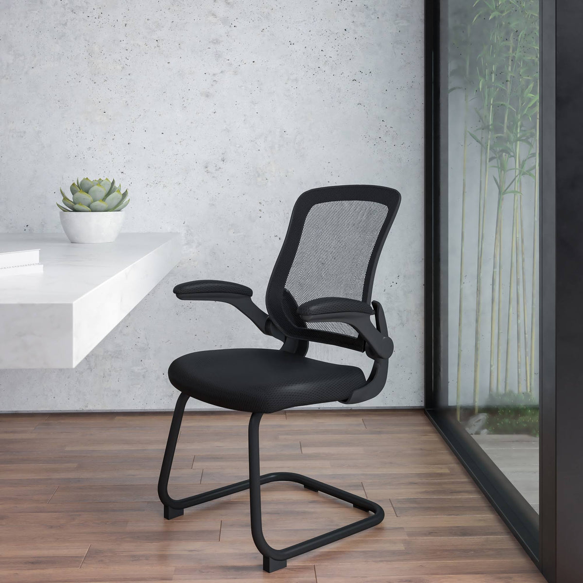 Black Mesh Sled Base Office Chair with Flip-Up Arms J7784