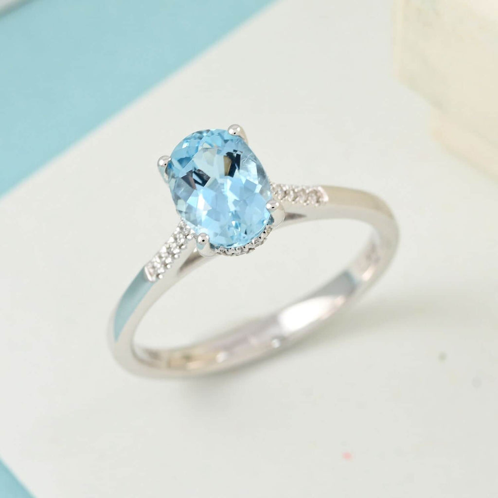 Blue Aquamarine White Diamond Oval 18K White Gold Ring Size 6 Ct 1.13 G-H Color Si1 Clarity B990101
