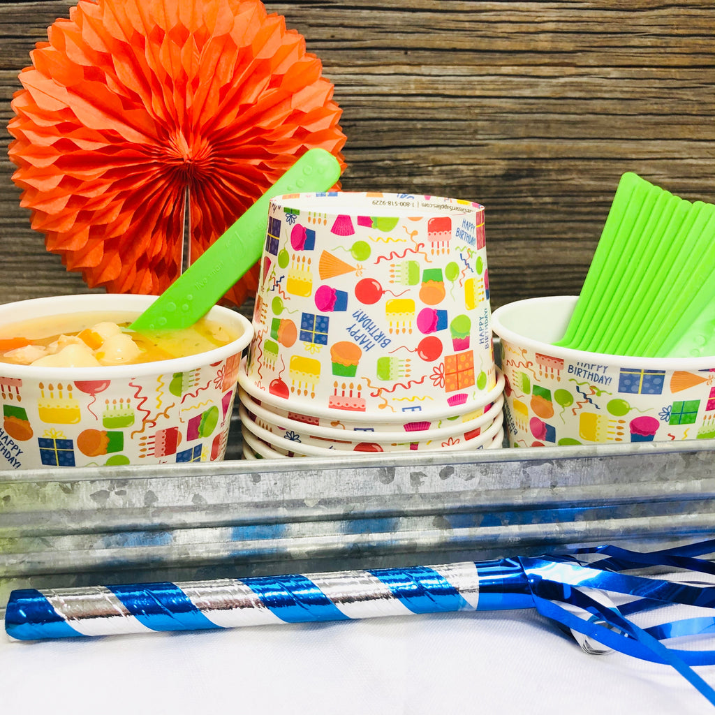16 Pk Birthday Ice Cream Kit with 8 Oz Cups, Spoons, Umbrellas X383